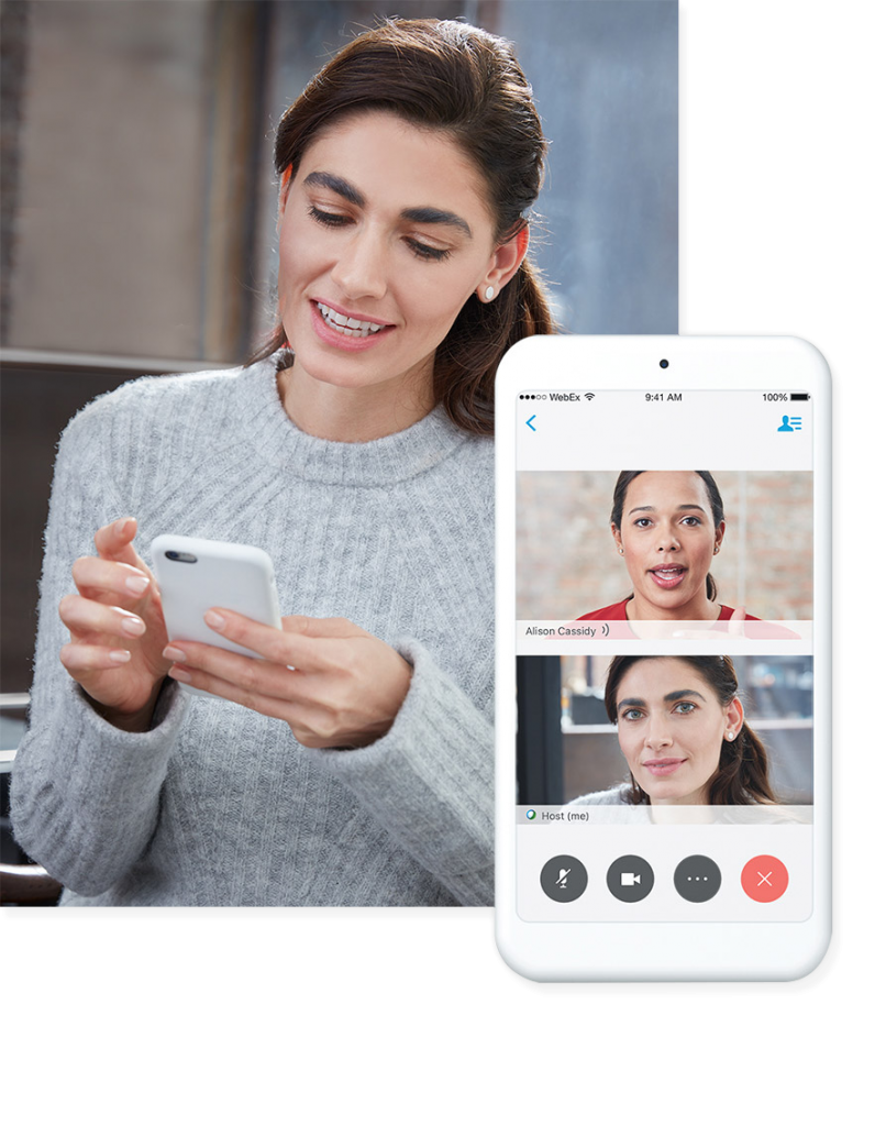 Woman in a sweater using Webex on her smart phone to video chat